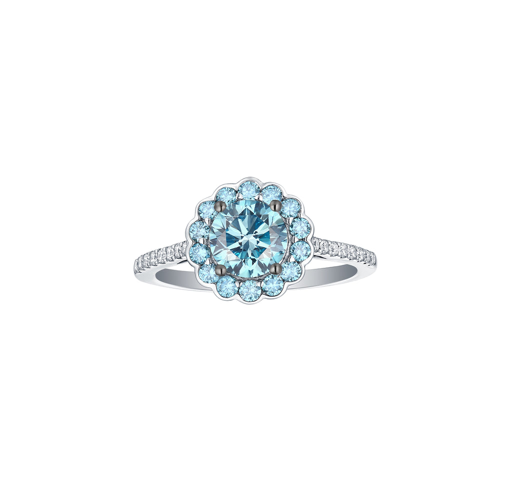 Lab Blue Diamond Rings Blush Blue 1.50ctw Flower Lab Grown Diamond Ring R-00489BLU–Smiling Rocks